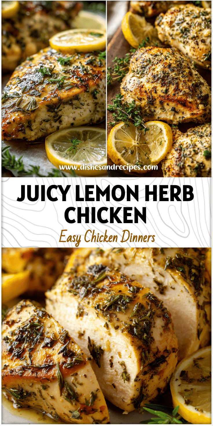 Plate of juicy lemon herb chicken breast with fresh herbs and lemon slices served for a quick healthy dinner.